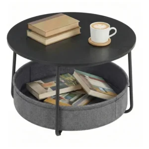Mesa de centro redonda com cesto tecido cor preto