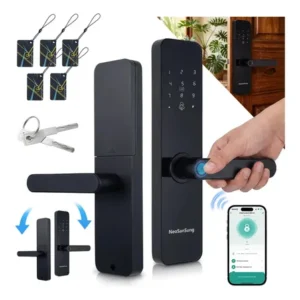 Fechadura eletrônica digital tuya com biometria, senha, tag e chave touch anti-espião inteligente preta para porta (casa/apartamento/hotel)