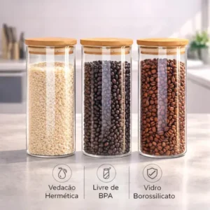 Kit 3 potes de vidro herméticos com tampa bambu 1 litro para mantimentos alimentos grãos café massas cereais cozinha vedação hermética borossilicato bpa free transparente