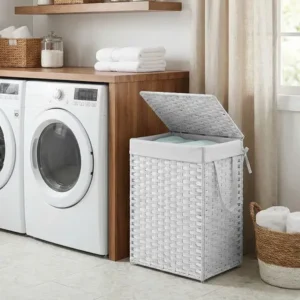 Cesto de roupa 90 l dobrável rattan sintético com tampa branco