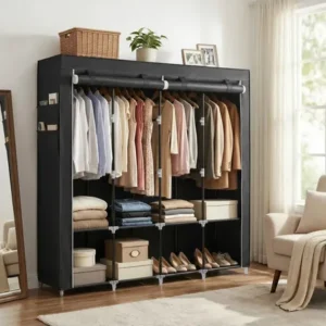 Guarda-roupa portátil com prateleiras, 4 cabideiros preto