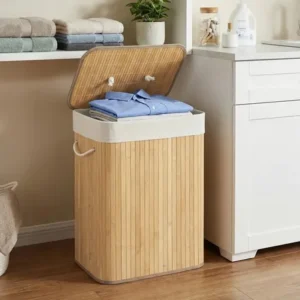 Cesto de roupa suja bambu, dobrável com tampa nude