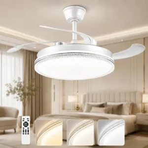 Ventilador de teto com luz led retrátil silencioso 60w, luminária plafon controle remoto, 3 cores e dimerização contínua, para sala quarto jantar, tieesa branco