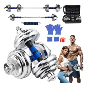 Kit halteres barra anilhas 15kg ajustável maleta dumbbell ferro fundido cromado treino em casa prateado