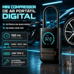 Compressor de ar digital portátil lumi, para pneus carro, moto e bike, com tela led