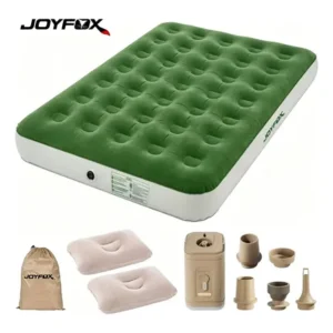 Colchão inflável casal /colchao de ar joyfox série forest c/ bomba elétrica, luz, 2 travesseiros e bolsa verde branco