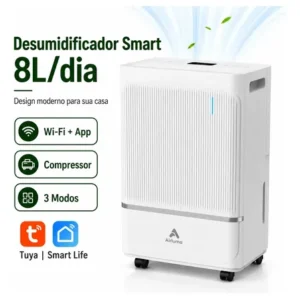 Desumidificador compressor airluma 8l/dia antimofo com wi-fi e drenagem contínua, silencioso, até 120 m², timer 24h, filtro lavável, para quarto banheiro, rodinhas 360°, branco