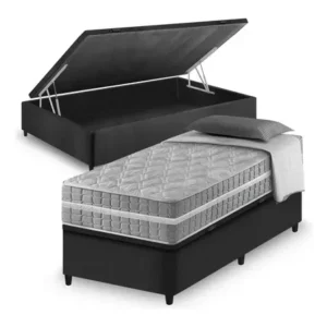 Cama box com baú preta solteiro king + colchão alabama 96cm preto