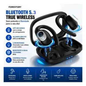 Forestory fone de ouvido bluetooth 5.4 ows tws sem fio x5 open ear esportivo com gancho display led hd microfone grave potente para academia corrida compatível iphone samsung xiaomi motorola android