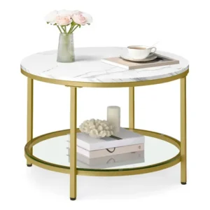 Mesa de centro redonda com prateleira vidro temperado branco