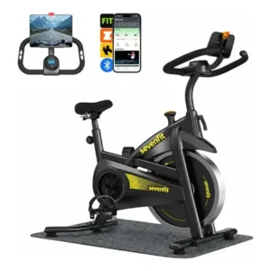Bicicleta ergométrica fitness para cardio e musculação com base cor preto amarelo 10kg inercia 150kg marca sevenfit