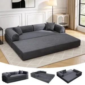 Sofá cama modular de veludo cotelê cinza p/ 3 pessoas, com espuma alta densidade e capa removível