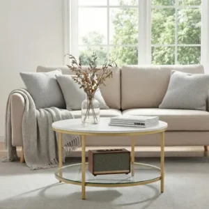 Mesa de centro redonda, sofá com prateleira vidro branco