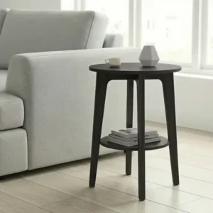 Mesa de apoio redonda com prateleira inferior cor preto