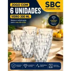 Jogo 6 copos vidro diamond diamante luxo grosso 300ml resistente água suco cerveja refrigerante whisky bebidas destiladas transparente mais vendido sbc utilidades ltda
