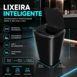 Lixeira smart inteligente 16 litros quadrada sensor de movimento automático no touch preta