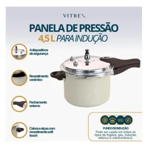 Panela de pressão indução 4,5l revestimento ceramico antiaderente com 4 valvulas segurança fechamento externo, cabos soft touch vitrex creme granito