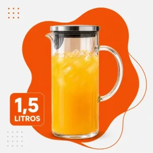 Jarra de vidro borossilicato 1,5 litros tampa inox hermética transparente para água, suco, chá e bebidas quentes geladas