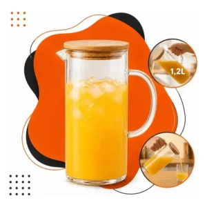 Jarra vidro borossilicato 1,2 litros tampa bambu hermética agua suco transparente hold on