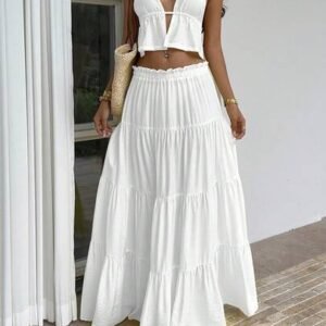 Sunnyshic women's white summer boho holiday vacation 2 pieces set,linen v-neck halter backless pleated tank top & low waist multi-layer ruffle hem maxi skirtsunnyshic skirt