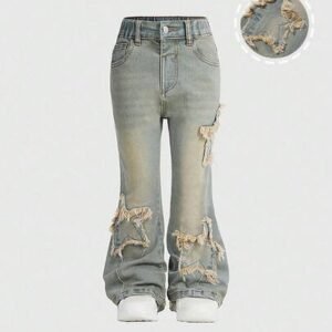 Shein young girls' distressed light blue jeans with star embroidery, elastic waist, skinny flare leg design fall wintershein winter