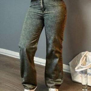 Women casual straight-leg jeans, fashion simple style, button, zipper, solid color denim pants,suitable for all occasionswomen occasions