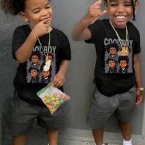 2pcs/set toddler casual cartoon print round neck short sleeve t-shirt + cargo pants set, comfortable leisure, new summer collection2pcs/set collection