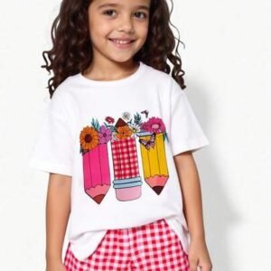 Shein 2pcs back-to-school kids girls summer clothing sets,pencil drawing print white short sleeve top and plaid checkered shorts set,fashionable school girlshein girl