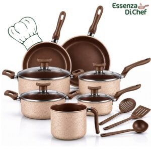 Conjunto de panelas 10 peças alumínio antiaderente cappuccino com utensílios e tampa vidro