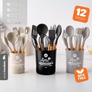 Jogo 12 peças utensílios silicone cabo madeira fouet pegador - bhz store