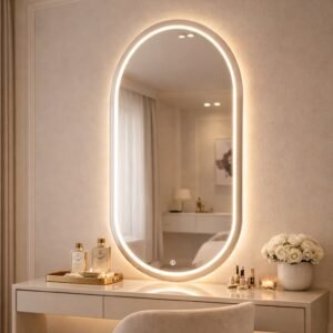 Espelho grande para banheiro oval 40x80cm jateado com led 3 cores premium e touch mais forte