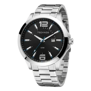 Relógio masculino technos de aço inoxidável prata, 45mm, com calendário