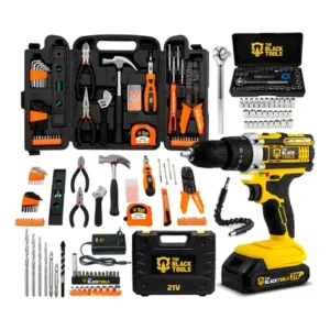 Furadeira parafusadeira de impacto 2 baterias 21v 3/8 com kit jogo ferramentas 169 peças maleta the black tools