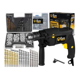 Furadeira de impacto 13mm 750w profissional com kit brocas buchas e bits 300 peças the black tools