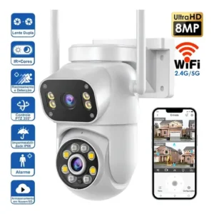 Câmera de vigilância externa mvpsmart 360° ptz wi-fi 8 mp full hd - alarme sonoro/luz, detecção movimento, visão noturna ip66, áudio bidirecional, armazenamento em cartão sd/na nuvem