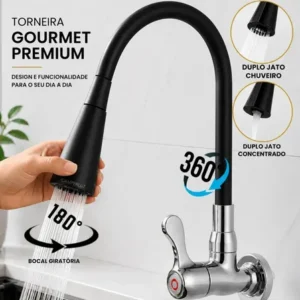 Torneira gourmet luxo flexível cozinha parede 2 jatos pia metal cor aço inox e preto- marca camperluz