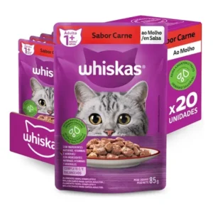 Ração úmida whiskas sachê gato adulto carne ao molho 85g 20 unidades