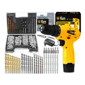 Furadeira parafusadeira a bateria 12v 3/8” 10mm bivolt 350 rpm the black tools + jogo de brocas bits buchas c/ 300 peças