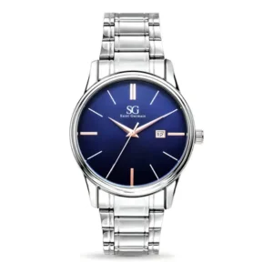 Relógio masculino clássico pulseira prata correia prateada bisel prateado fundo azul marinho saint germain 42mm elegante detalhes bronze