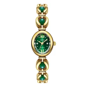 Relógio feminino gedi dourado com pulseira ajustável e mostrador verde esmeralda