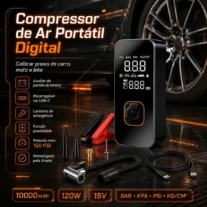 Auxiliar de partida bateria veicular portátil com compressor ar para carro e moto