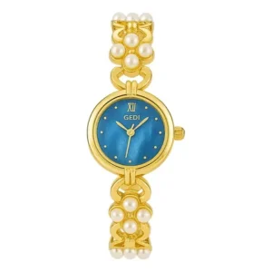 Relógio dourado feminino com pérolas e elegante mostrador az