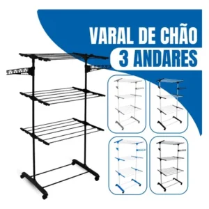 Varal de chão epsilon 3 andares dobrável com rodas