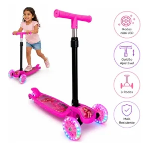 Patinete infantil 3 rodas para menina dobrável ajustável rodinhas gel com led atacarejo kids suporta 30kg