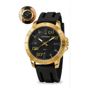 Relógio analógico masculino mondaine preto com pulseira de silicone e caixa dourada