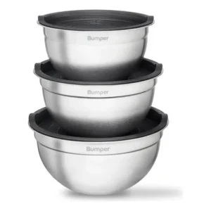 Conjunto de bowls tigela inox com tampa plástica bumper cinza