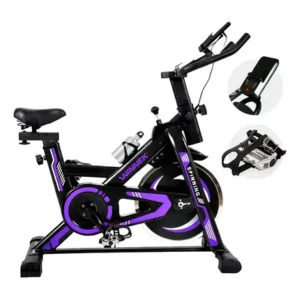 Bicicleta ergométrica spinning com roda inércia de 13kg mecânica cor preto roxa -mecânica suporte para celular / tablet - winnek spin force