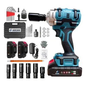 Chave de impacto eletrica a bateria profissional 21v 450nm brushless 1/2" adeske 2 baterias 2000mah reversivel velocidade variavel kit completo acessorios soquetes led portatil