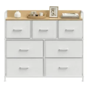 Cômoda de tecido com 7 gavetas,estrutura metálica, alças cor branco