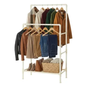 Cabideiro de metal com 2 varões, estante para roupa, branco